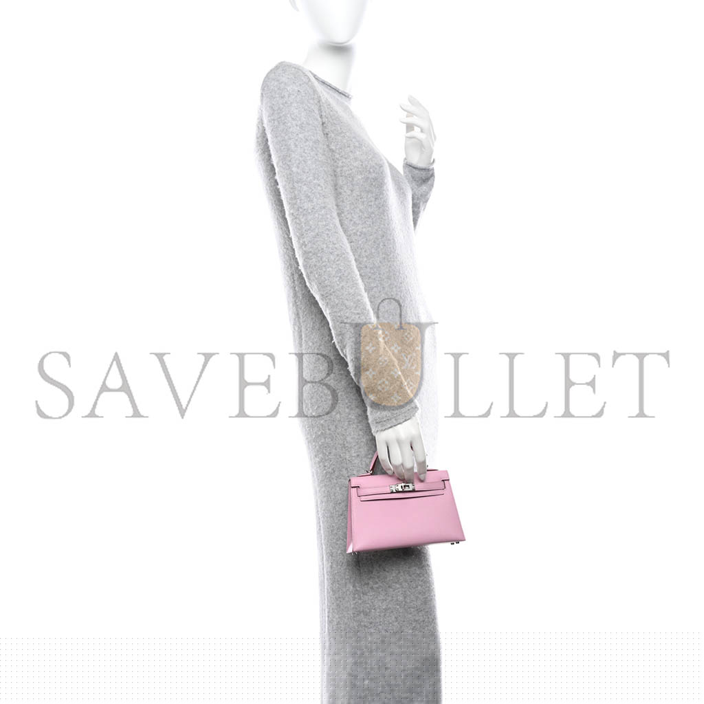 HERMÈS EPSOM MINI KELLY LL CHERRY BLOSSOM PINK SILVER BUCKLE (19*12*5.5cm)